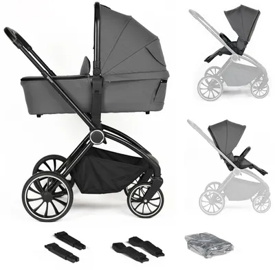 A gray and black baby stroller with a bassinet attachment, shown from the side. Several smaller images of stroller components and accessories are also present.