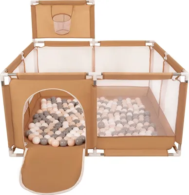 Produktbild von Selonis Laufstall Mit Korb Und 100 Bälle Laufgitter Für Kinder, Beige:Pastellbeige/Grau/Weiß