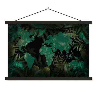 Produktbild von MuchoWow® Textilposter Weltkarte - Grün - Blätter 150x100 cm mit schwarzem Rahmen - Schlafzimmer