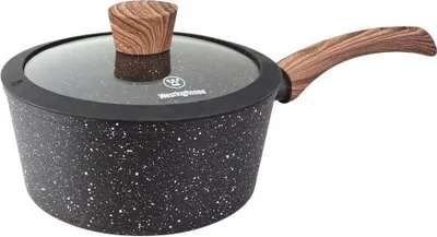 A black saucepan with white speckles and a wooden handle and lid knob, shown against a white background.
