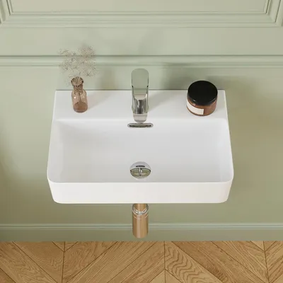 Produktbild von Rechteckiges Handwaschbecken - Wand- und Aufsatzmontage - Keramik - 46 x 30,5 cm - Mit Überlauf - 1 Hahnloch - Weiß