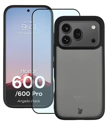 Produktbild von Schutzhülle + gehärtetem Glas für Honor 600 5G / 600 Pro 5G, Bizon Angelo Pack, Getönte mit schwarzem Rahmen