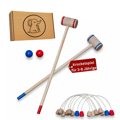 Produktbild von Eli® Krocket Spiel für Kinder inkl Schläger - Ziele und Bälle aus Holz - Crocket Set für Indoor und Outdoor - Spielzeug ab 3 Jahre - Holzspielzeug