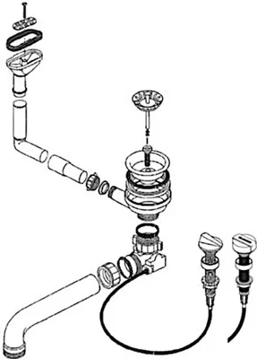 An exploded diagram of a sink drain and overflow assembly.