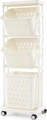 A white three-tiered laundry cart with wheels, featuring three baskets with perforated sides.