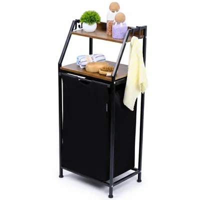 Image de Panier à linge Roxlin, 1 compartiment, 68 litres – Collecteur de linge avec espace de rangement, structure métallique et sac à linge amovible, idéal pour la salle de bain et la buanderie – Noir