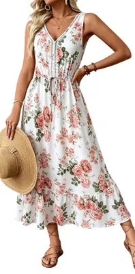 Productafbeelding van Zomerjurk dames - Mouwloos, V-hals, elegante maxi-jurk met bloemenprint