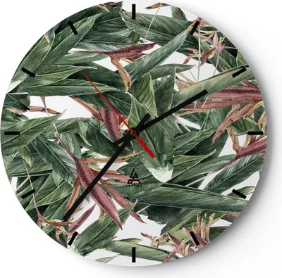 Produktbild von Wanduhr - Rund - Glasuhr - Pflanze Blatt Blume - 40x40cm - Schleichendes Uhrwerk - Lautlos - zum Aufhängen bereit - Dekoration Modern - Wanddekoration aus Glas - C3AR40x40-3844