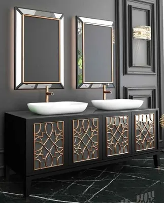 Produktbild von Casa Padrino Luxus Badezimmer Set Schwarz / Gold / Weiß - 1 Waschtisch mit 4 Türen und 2 Waschbecken und 2 Wandspiegel