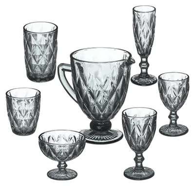 Image de Lot de verres Relaxdays, 7 pièces, comprenant un pichet, une coupe à glace, un verre à champagne, 2 verres à eau et 2 verres à vin, verres lavables au lave-vaisselle, gris