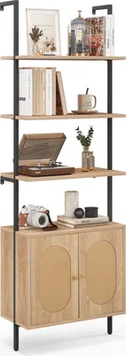 Image de COSTWAY Échelle-Bibliothèque avec armoire en rotin, étagère murale avec cadre métallique solide & 3 étagères, étagère de présentation ouverte avec 6 niveaux Naturel