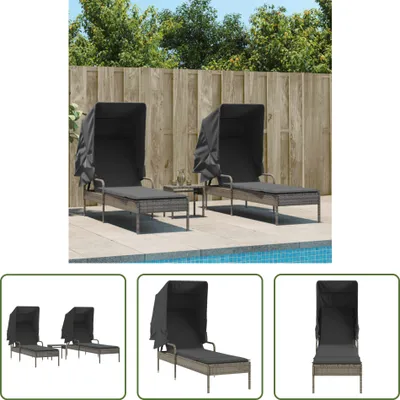 Produktbild von The Living Store Sonnenliegen 2 Stk. mit Dach und Tisch Grau Poly Rattan