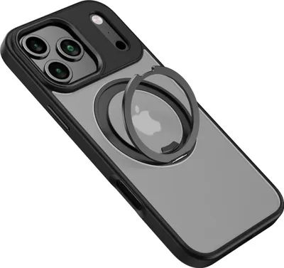 A black and translucent iPhone case with a ring stand is shown against a white background.