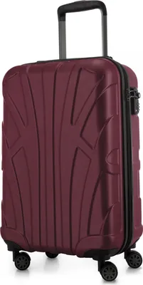 A burgundy suitcase with four wheels and a retractable handle.
