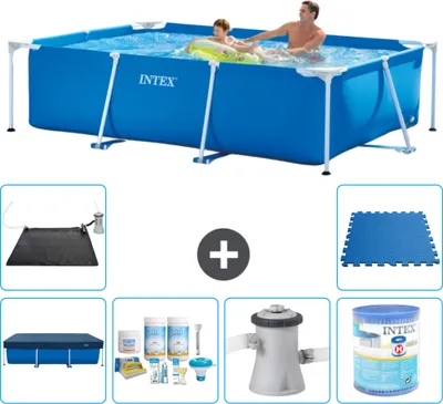 Produktbild von Intex-Schwimmbecken mit rechteckigem Rahmen – 260 x 160 x 65 cm – Blau – im Lieferumfang enthalten Abdeckung - Wartungspaket - Filterpumpe für Schwimmbad - Filter - Solarmatte - Bodenfliesen