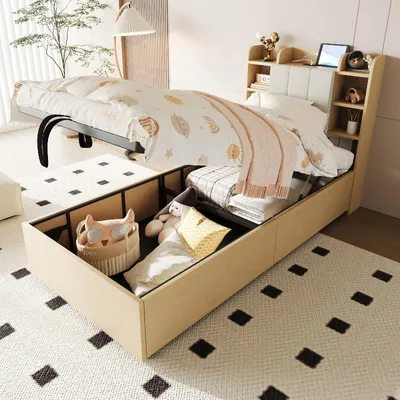 Zdjęcie produktu dla Łóżko młodzieżowe 90x200 cm wykonane z płyty MDF w kolorze drewna, z hydraulicznym pojemnikiem na pościel, zagłówkiem z półkami oraz portami USB i Type-C