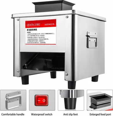 A commercial electric meat slicer shown from the front and slightly to the side, with four inset images showing details of the product.