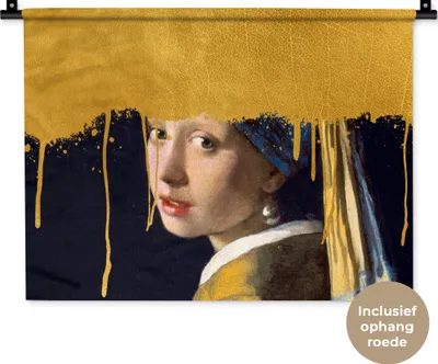 Produktbild von MuchoWow® Wandteppich Wandbehang Vermeer - Mädchen mit Perlenohrring - Gold 60x45 cm Tapisserie Dekoration Wandtuch - Das Schlafzimmer