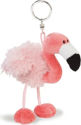 A plush flamingo keychain is shown against a white background.