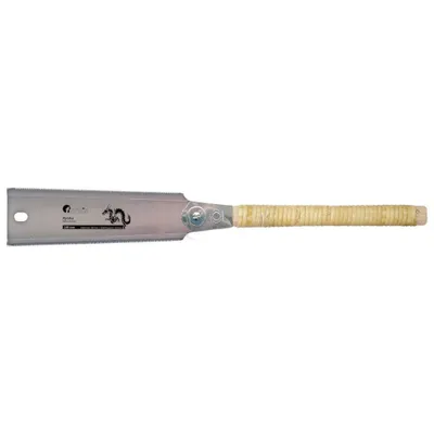A Japanese-style pull saw with a dragon logo and a woven handle, presented against a white background.