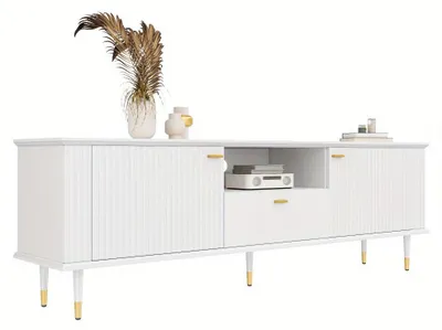 Obrázek produktu pro TV stolek – TV nábytek – Komoda pod televizor – Bílá MDF – Zásuvky s tichým dovíráním – Otevřené přihrádky – Moderní design