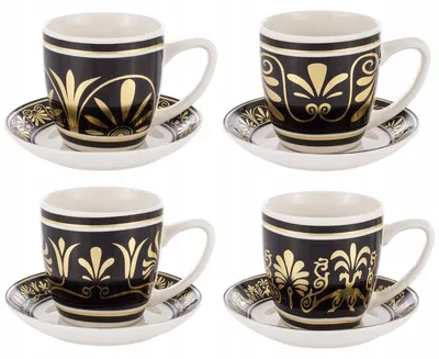 Produktbild von Artpol Elegantes Tassenset mit Untertassen, 4 Stück, Schwarz-Gold