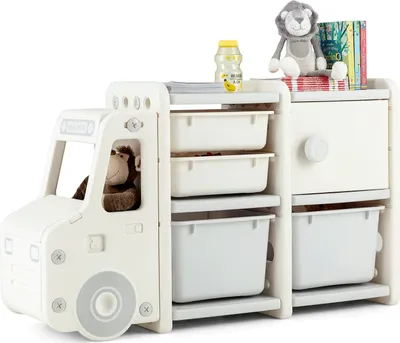 Obrázok produktu pre COSTWAY Regál na hračky do auta, 2-úrovňový detský regál so zásuvkami a úložnými boxmi, jednoduchá montáž 110x32x66cm sivá