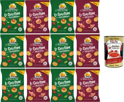 Produktbild von Céréal Testpaket Le gallettine Gusto prosciutto & Gusto Mediterraneo Kekse mit Schinkengeschmack und mit mediterranem Geschmack 12x70gr + Italian Gourmet polpa 400g