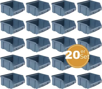 A grid of blue storage bins with a circular overlay indicating a set of 20.