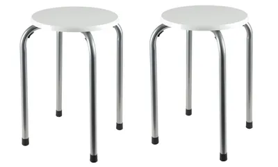 Two white stools with silver legs are shown against a white background.