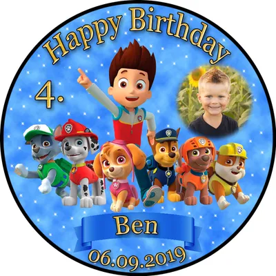 Produktbild von Tortenaufleger Fototorte Tortenbild Kindergeburtstag Paw Patrol PP02 (Zuckerpapier) Rund 14 cm Ø mit Banner & Foto Blau