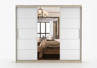 Produktbild von Schwebetürenschrank Kleiderschrank Schrank 233 cm Sonoma-Eiche/Weiß mit Spiegel, 2-türig, Schlafzimmer