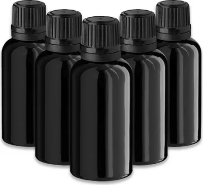 Produktbild von 5x Schwarze Glasflasche 30 ml mit schwarzem Tropfer Tropfflasche leer