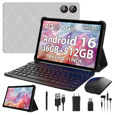 Image de Tablette Android 16, 2026, écran 11 pouces, 36 Go de RAM + 512 Go de stockage, compatible 4G et 5G, Wi-Fi, processeur Octa Core, appareil photo 13MP + 8MP, résolution 2000x1200,  Widevine L1, batterie 8000mAh, Bluetooth 5.0, OTG, GPS, couleur grise, avec clavier