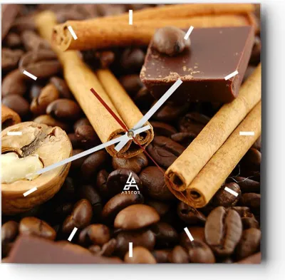 Produktbild von Wanduhr - Quadrat - Glasuhr - Gerösteter Kaffee Aroma Schokolade - 30x30cm - Schleichendes Uhrwerk - Lautlos - zum Aufhängen bereit - Dekoration Modern - Wanddekoration aus Glas - C3AC30x30-0394