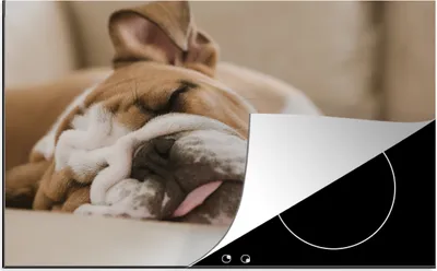 Produktbild von KitchenYeah© Herdabdeckplatte Englische Bulldogge schläft auf dem Sofa , 78x52cm, Küche Deko, Glaskeramikkochfeld Herdabdeckung, Abdeckplatte fùr Kochfeld