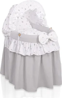 Produktbild von Puppenwagen mit Rädern rosa - handgefertigtes Babybett mit Bettwäsche und Baldachin