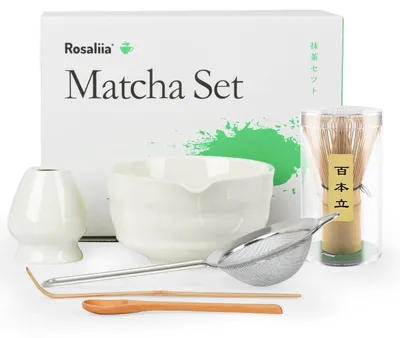Obrázek produktu pro Sada pro přípravu matcha: keramická miska, bambusová lžička, sítko z nerezové oceli, bílá barva, objem 500 ml