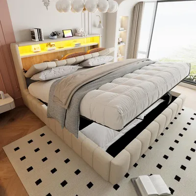 Immagine prodotto di Letto imbottito 180x200 cm con spazio contenitore a sollevamento idraulico, testiera con vani portaoggetti, illuminazione LED, porte USB e USB-C, rete a doghe in metallo, rivestito in lino, colore beige