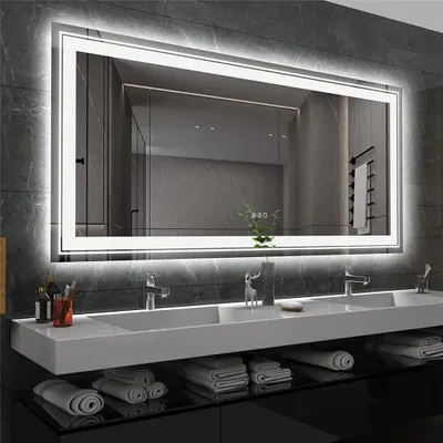 Zdjęcie produktu dla Duży, panoramiczny lustro do łazienki – lustro ścienne z oświetleniem LED – 160x80 cm – trójkolorowe, ściemniane oświetlenie – funkcja anty-mgielna – podświetlane – prostokątne