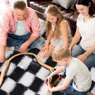 Productafbeelding van Hoogpolig tapijt zwart-wit, geruit, voor woonkamer, antislip, wasbaar