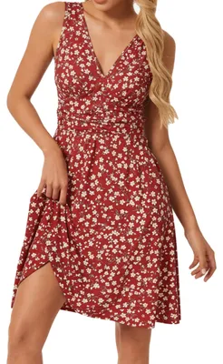 Produktbild von Sommerkleid mit tiefem V-Ausschnitt und Blumenmuster – Rot-Weiß