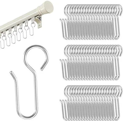 Productafbeelding van Unyqoos® Set van 60 S-haken van verzinkt staal, zilverkleurig – voor gordijnen en douchegordijnen, compatibel met gordijnrails en -stangen met ringen, inclusief transparante opbergdoos