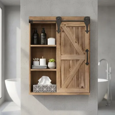 Image de Armoire murale porte coulissante armoire de toilette étagère murale brune armoire murale