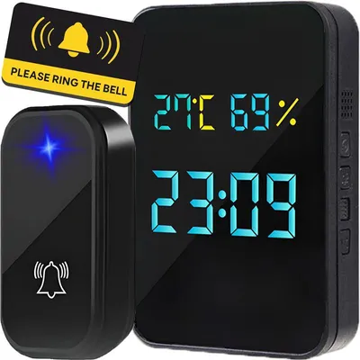 Produktbild von Türklingel Funkklingel Set mit Uhr und Thermometer Funk Klingel Kabellose 38 Melodien LED Hygrometer 150M Reichweite Haustür Retoo