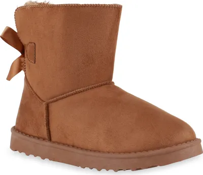 A single brown boot with a bow on the back, shown from the side against a white background.