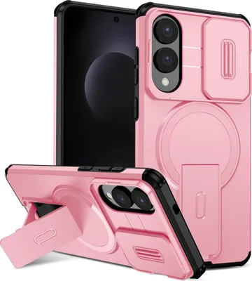 Obrázek produktu pro Magnetické pouzdro pro Samsung Galaxy S25 Edge, dvouvrstvé odolné pouzdro s posuvnou ochranou fotoaparátu a nastavitelným stojánkem Růžová