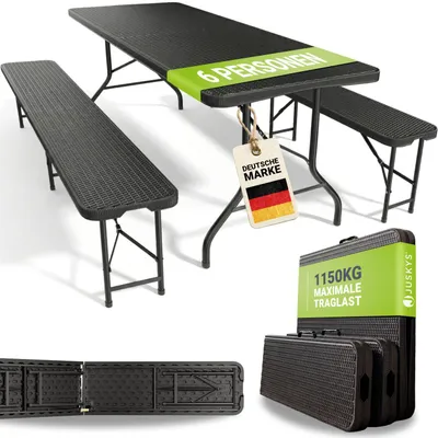 Produktbild von Juskys Bierzeltgarnitur Amberg 3-teilig & klappbar – 180 x 74 x 74 cm – 2 Bierbänke & 1 Biertisch in Rattan-Optik Gartenmöbel-Set Festzeltgarnitur