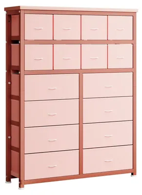 Produktbild von Aufbewahrungskommode - Schubladenschrank - 16 Schubladen - 130 cm Hoch - Stoffschubladen - Metallgestell - Holzplatte - Modern - Rosa