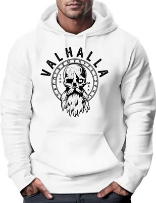 Produktbild von Hoodie Herren Aufdruck Valhalla Totenkopf Odin Runen Wikinger Print Kapuzen-Pullover Fashion Streetstyle Neverless® weiß L